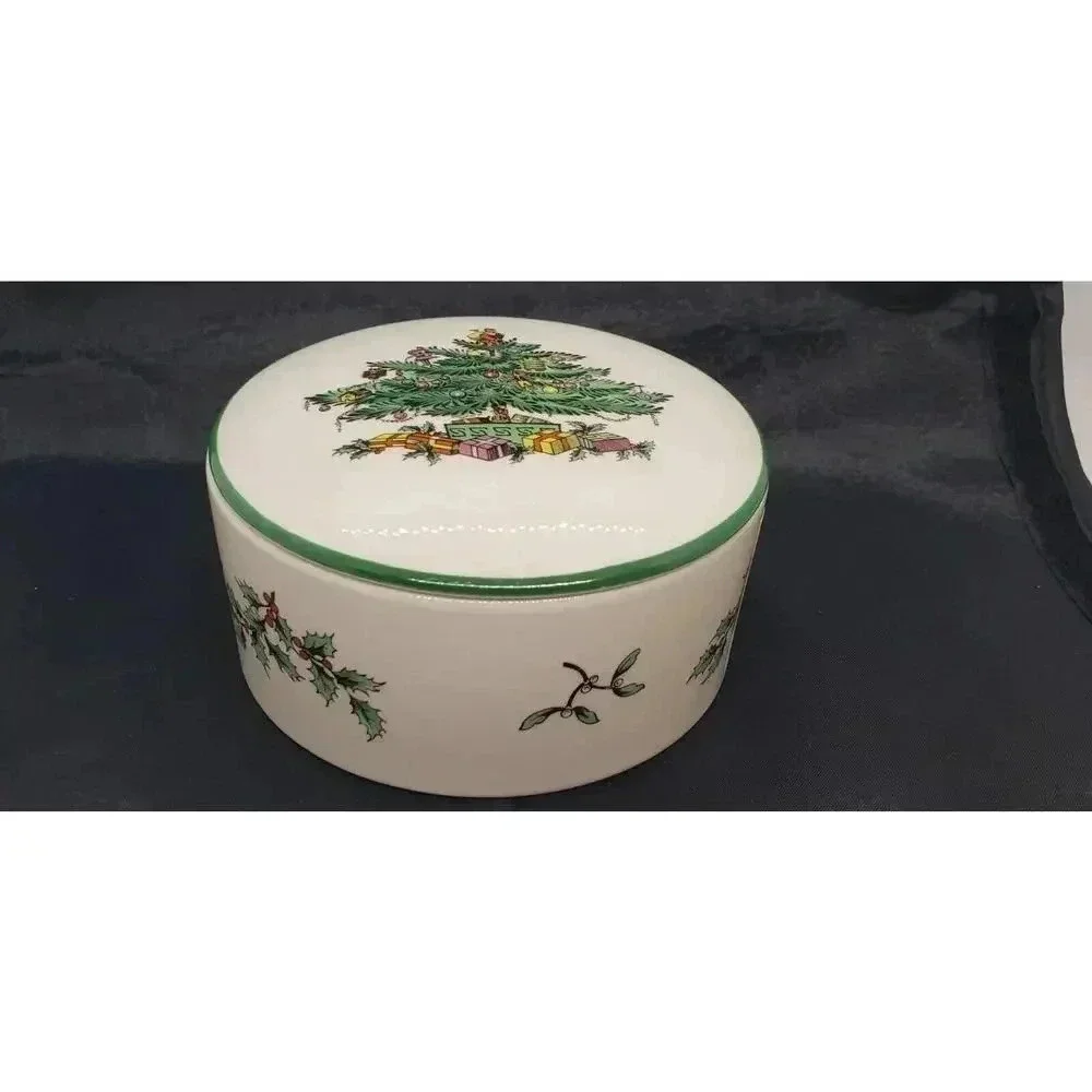 Vintage SPODE Christmas Tree Covered Candy Dish Trinket Vanity Jewelry Gift Box